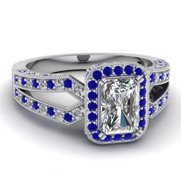 925 Silver Emerald Cut White Sapphire Wedding Ring - Picture 2 of 4